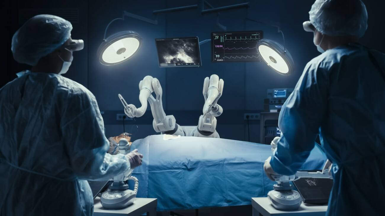 surgeons controlling robotic operating equipment